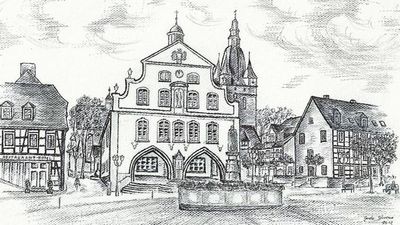 Marktplatz mit Rathaus und Petrusbrunnen / Kump gezeichnet schwarz-weiß